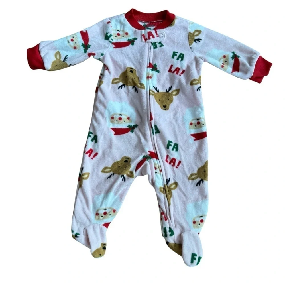 Carter’s Pink Fleece Christmas Pajama 2-way zip Fa la la Deer Baby Girl 3M